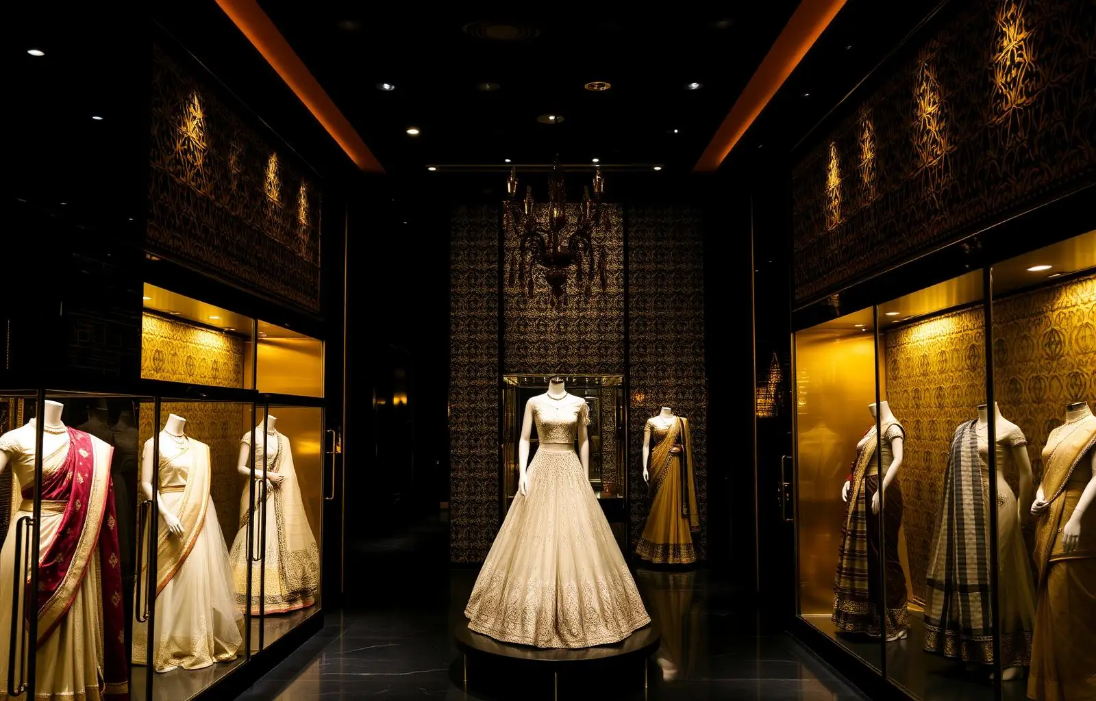 Interior of Nakshathra Boutique in Pragathi Nagar — bridal blouse studio with saree racks, mannequins and consultation area