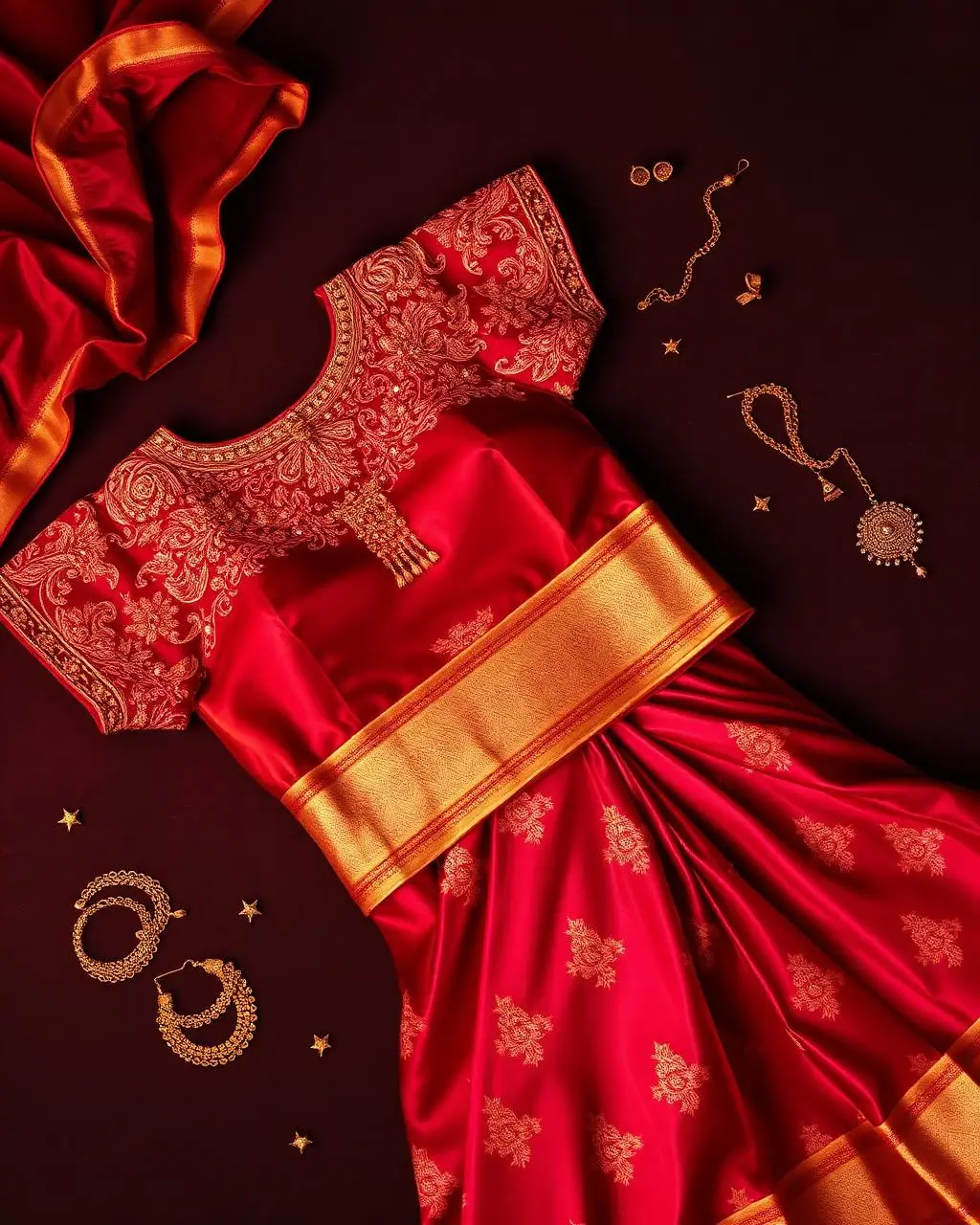 Red bridal silk saree flat lay