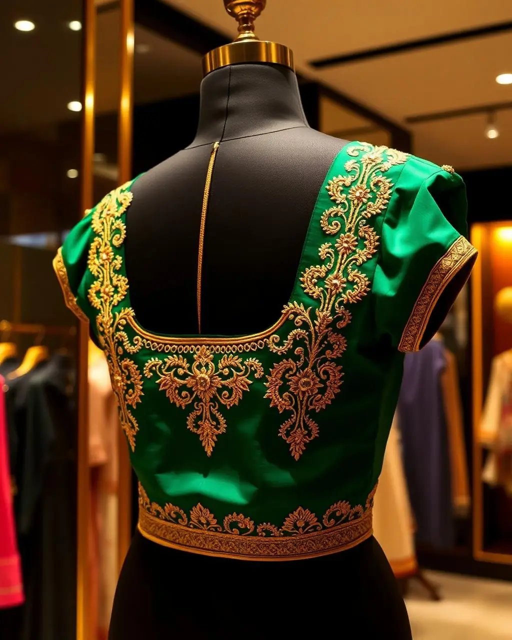 Emerald designer blouse with gold embroidery