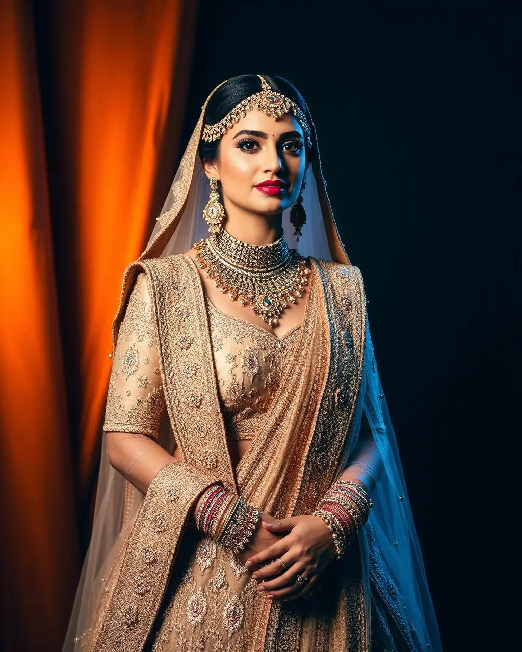 Bride in embellished bridal blouse and lehenga