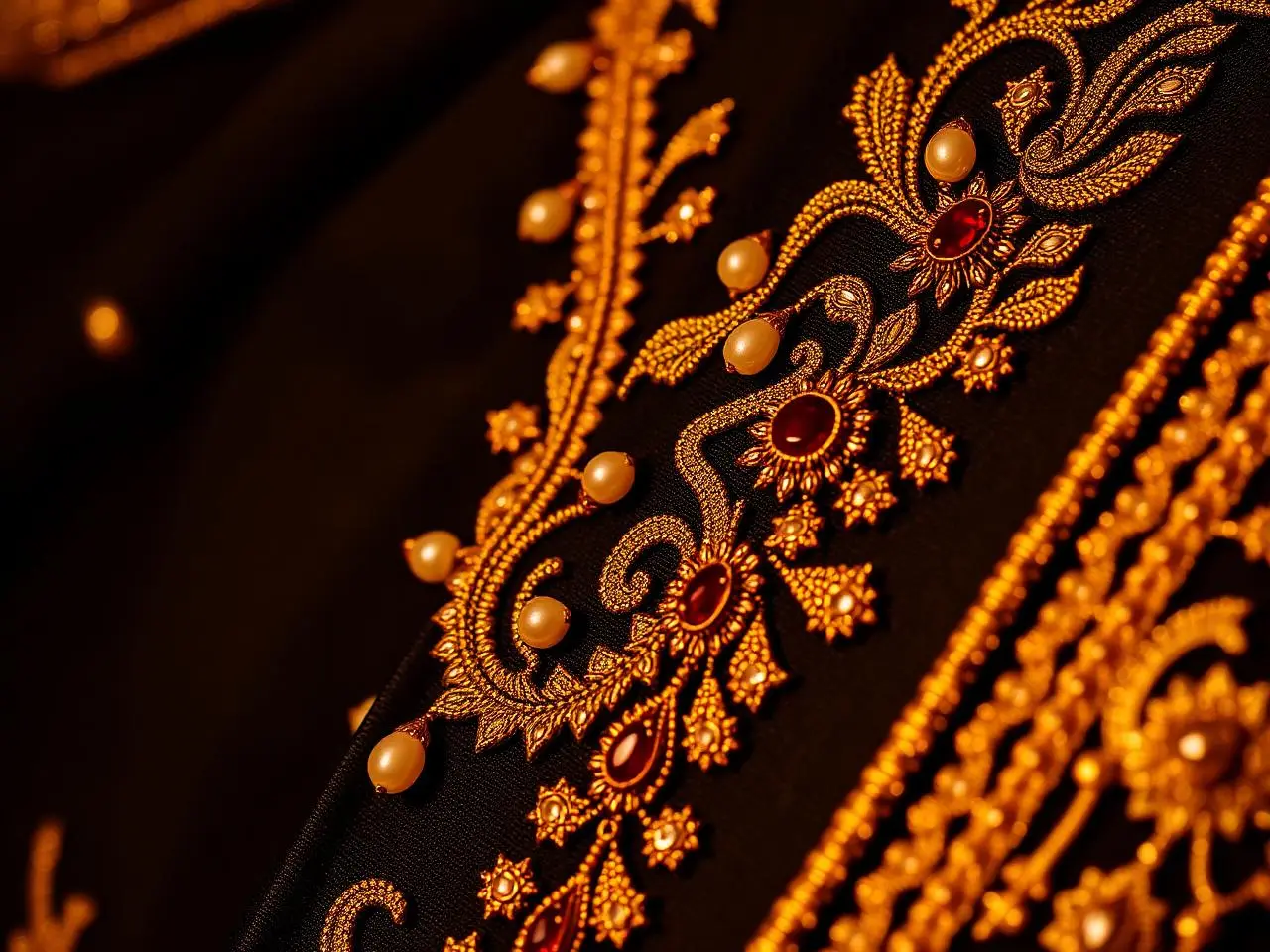 Close-up of gold maggam embroidery